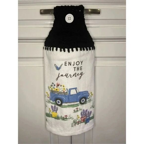 Crochet Top Kitchen Towel- Enjoy the Journey Truck Flowers Butterfly Spring - Picture 1 of 2